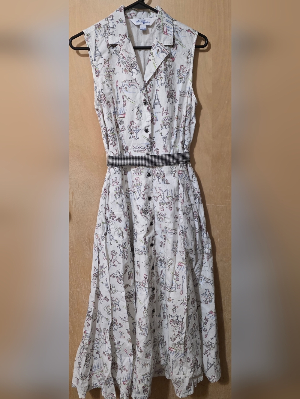 April Cornell White Paris-Print Cotton Shirt Dress with Black Gingham Belt
